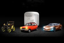 Affiche Time Machine, 120 ans de Renault avec, Renault Type A, Renault 5 et Renault SYMBIOZ